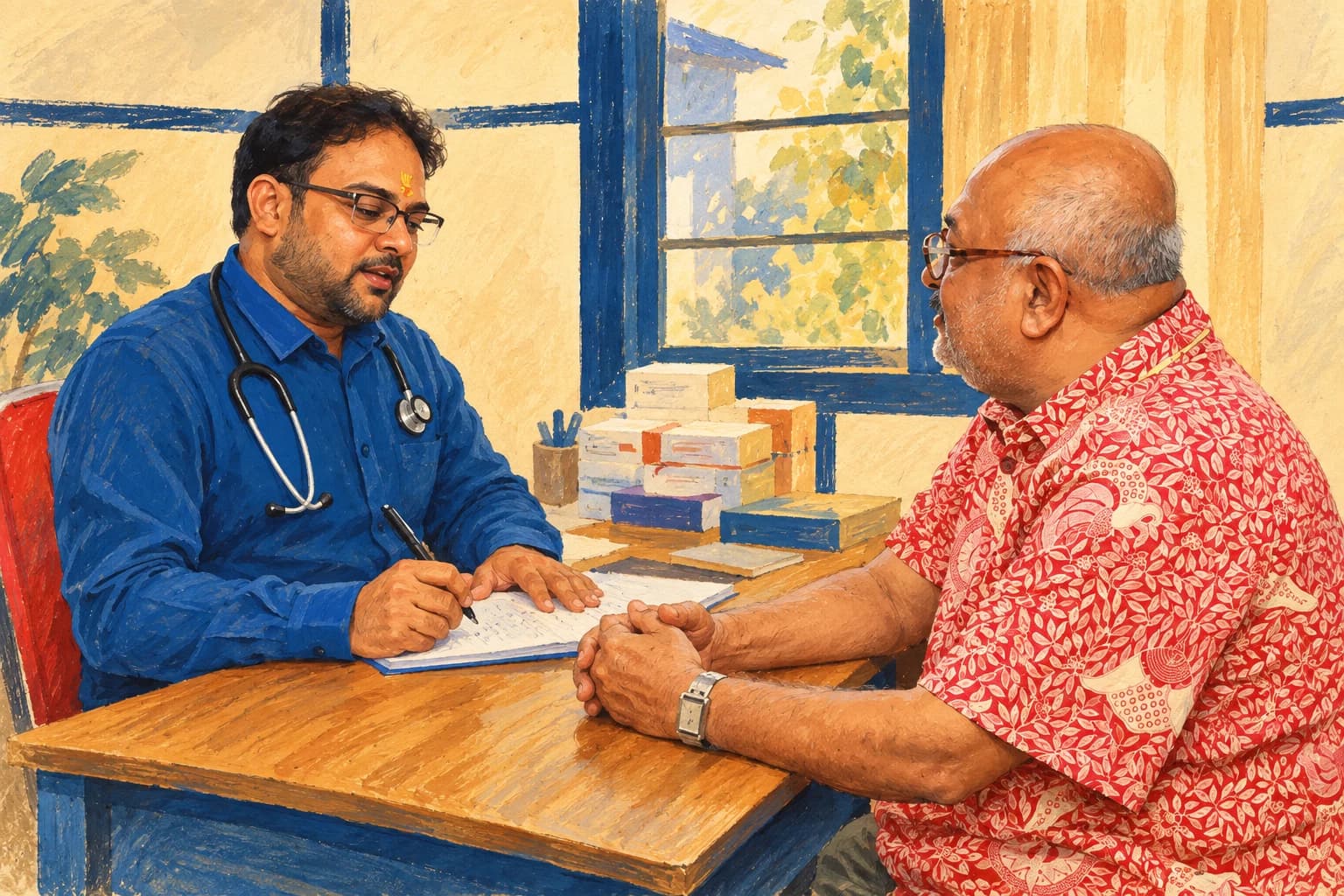 Illustration: A doctor in blue and an older visitor in a red patterned shirt seated across a consultation desk