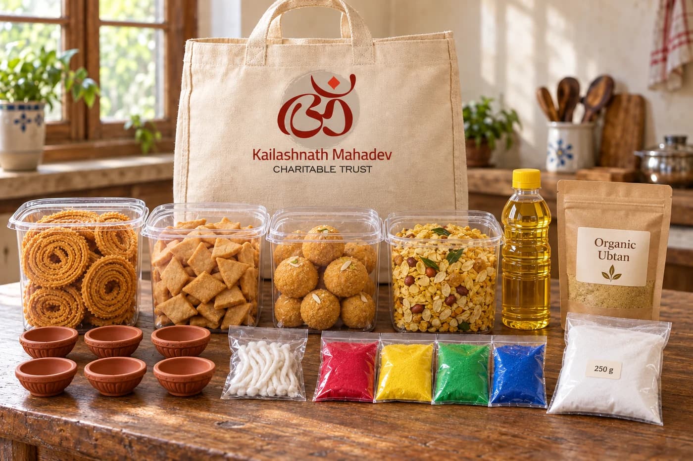 Diwali kit with four varieties of faral, six terracotta diyas, oil, cotton wicks, organic ubtan, white and coloured rangoli, and a Trust-branded cotton cloth bag
