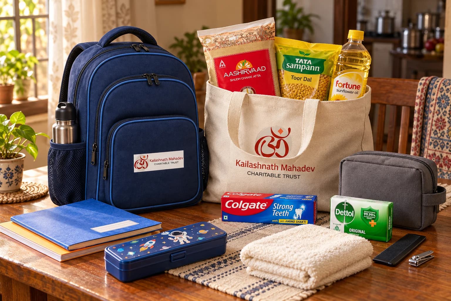 Trust-branded school bag and carefully arranged food and personal-care essentials in warm window light