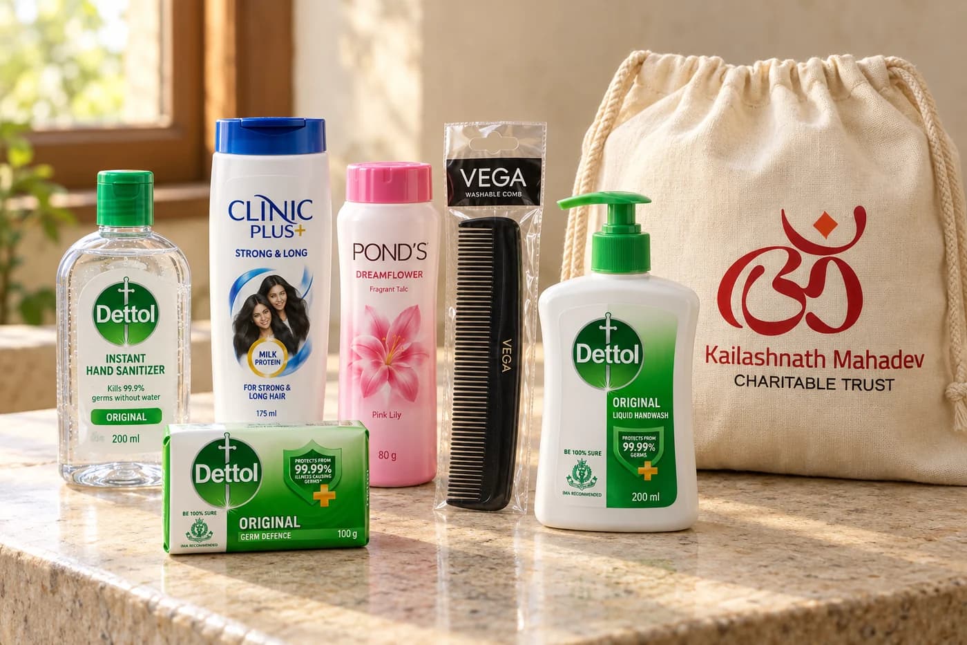 Self-care kit with labelled Dettol, Clinic Plus, Vega, and Pond's products