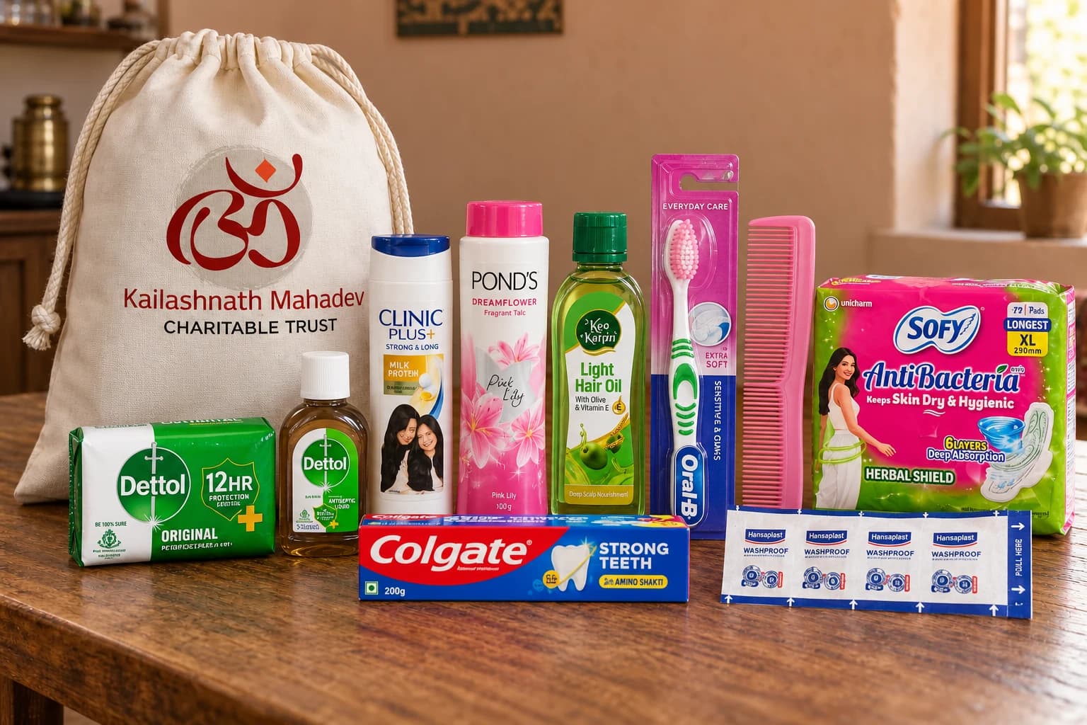 Women’s care kit with talcum powder, comb, hair oil, toothpaste, toothbrush, shampoo, bath soap, Dettol, sanitary pads and bandages