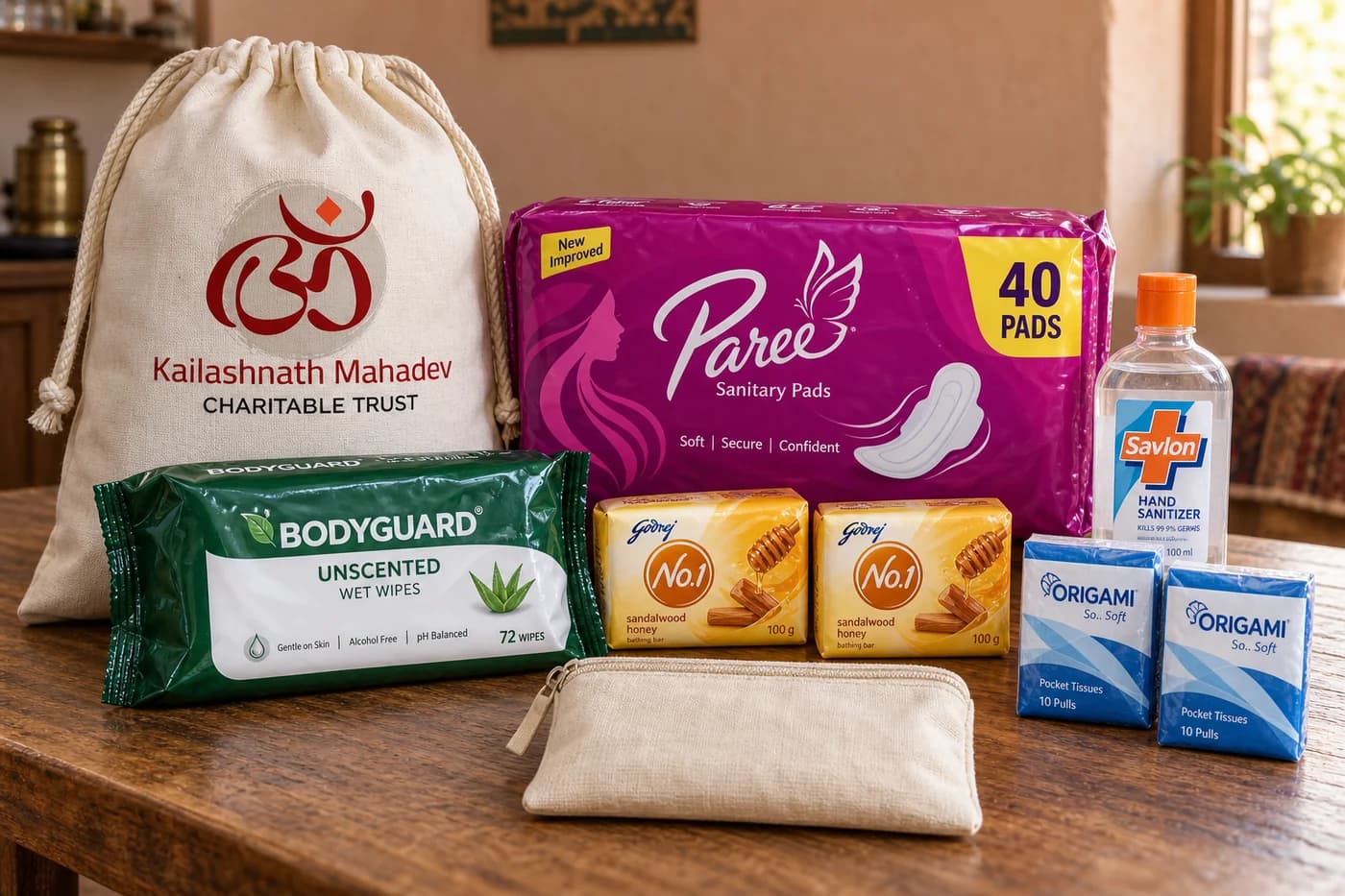 Women’s care kit with labelled Paree, Bodyguard, Godrej No.1, Origami, and Savlon products