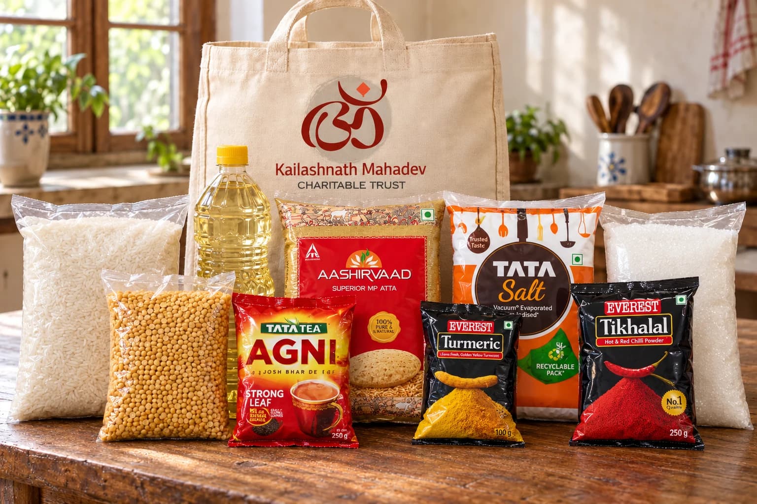 Ration kit with rice, toor dal, oil, atta, salt, sugar, tea, turmeric and chilli powder