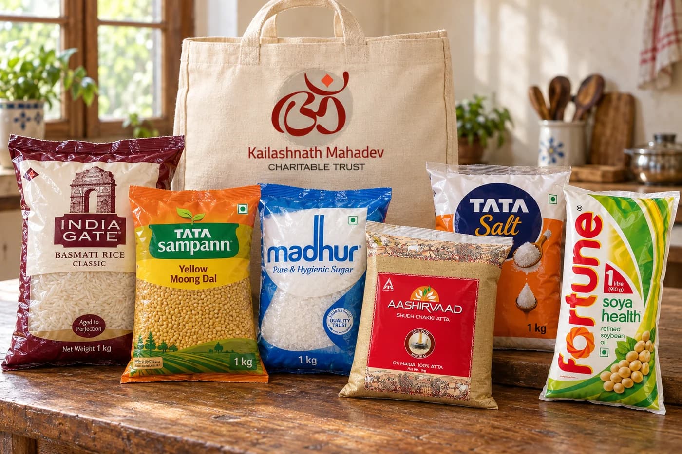 Ration kit with sealed India Gate, Tata Sampann, Madhur, Aashirvaad, Tata Salt, and Fortune products