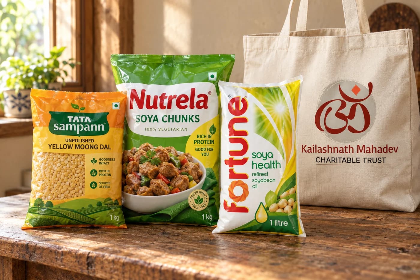 Nourishing-food kit with sealed Tata Sampann moong dal, Nutrela soyabean chunks, and Fortune Soya Health oil