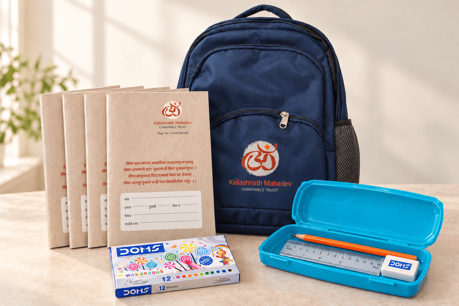 Standards 1–4 Learning Kit with four Trust-branded notebooks, a navy school bag, pencil, eraser, small ruler and wax crayons