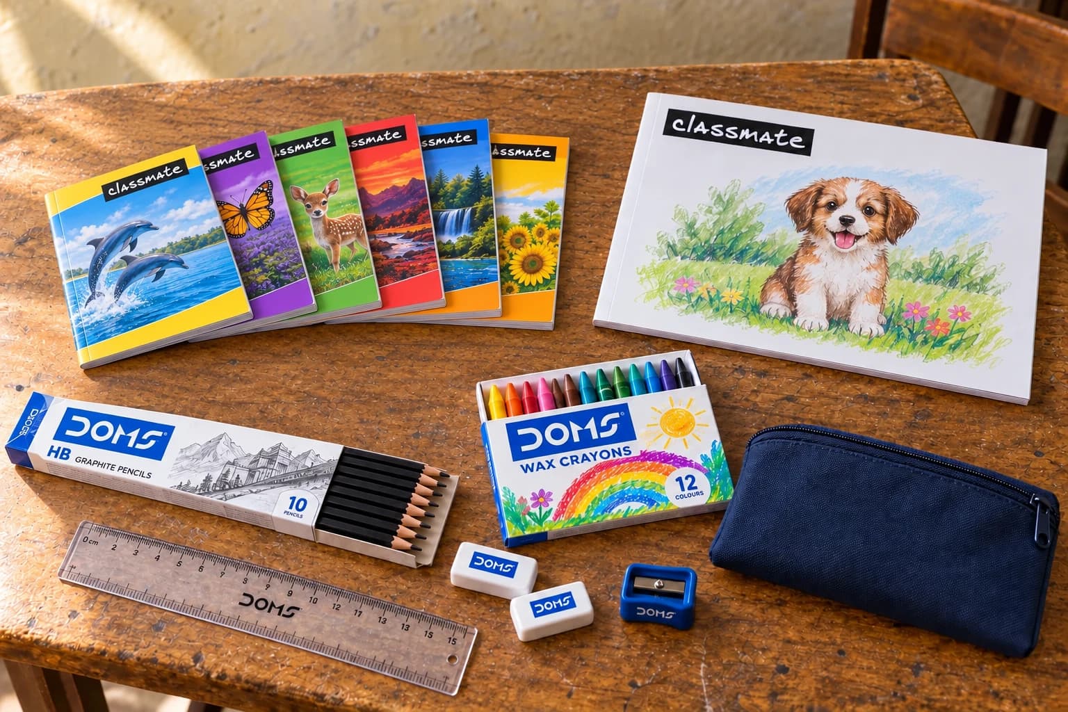 Representative Standards 1–4 kit with small Classmate notebooks, a drawing book, DOMS crayons and pencils, erasers, a sharpener, ruler and pouch