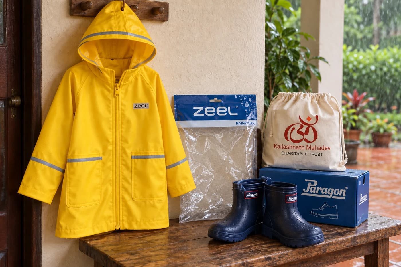 Rainy-day kit with a yellow Zeel raincoat and one pair of navy Paragon rainy boots