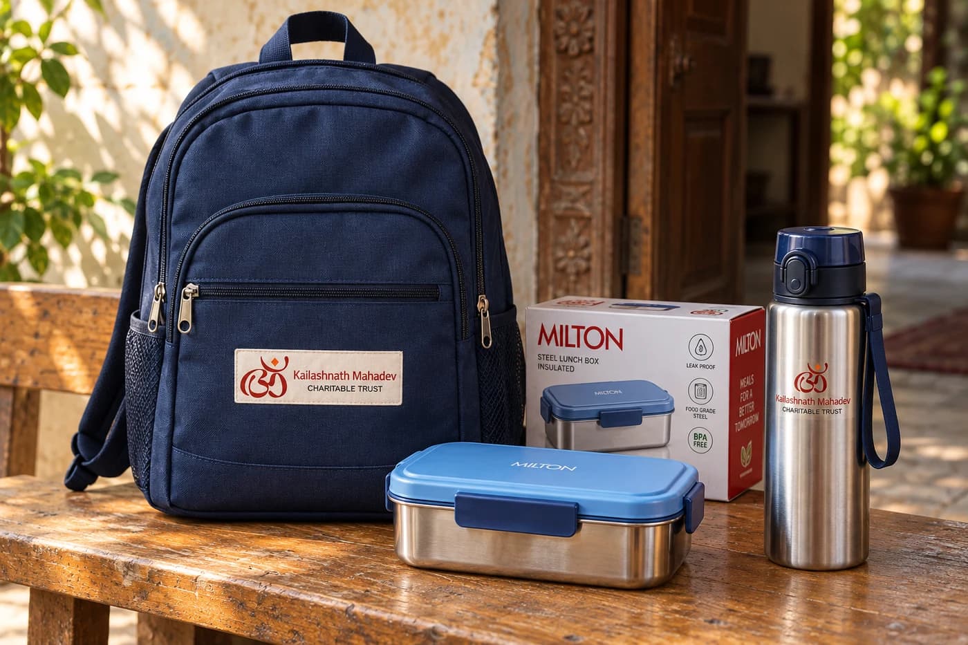 School kit with a Trust-branded navy bag and bottle beside a Milton tiffin box