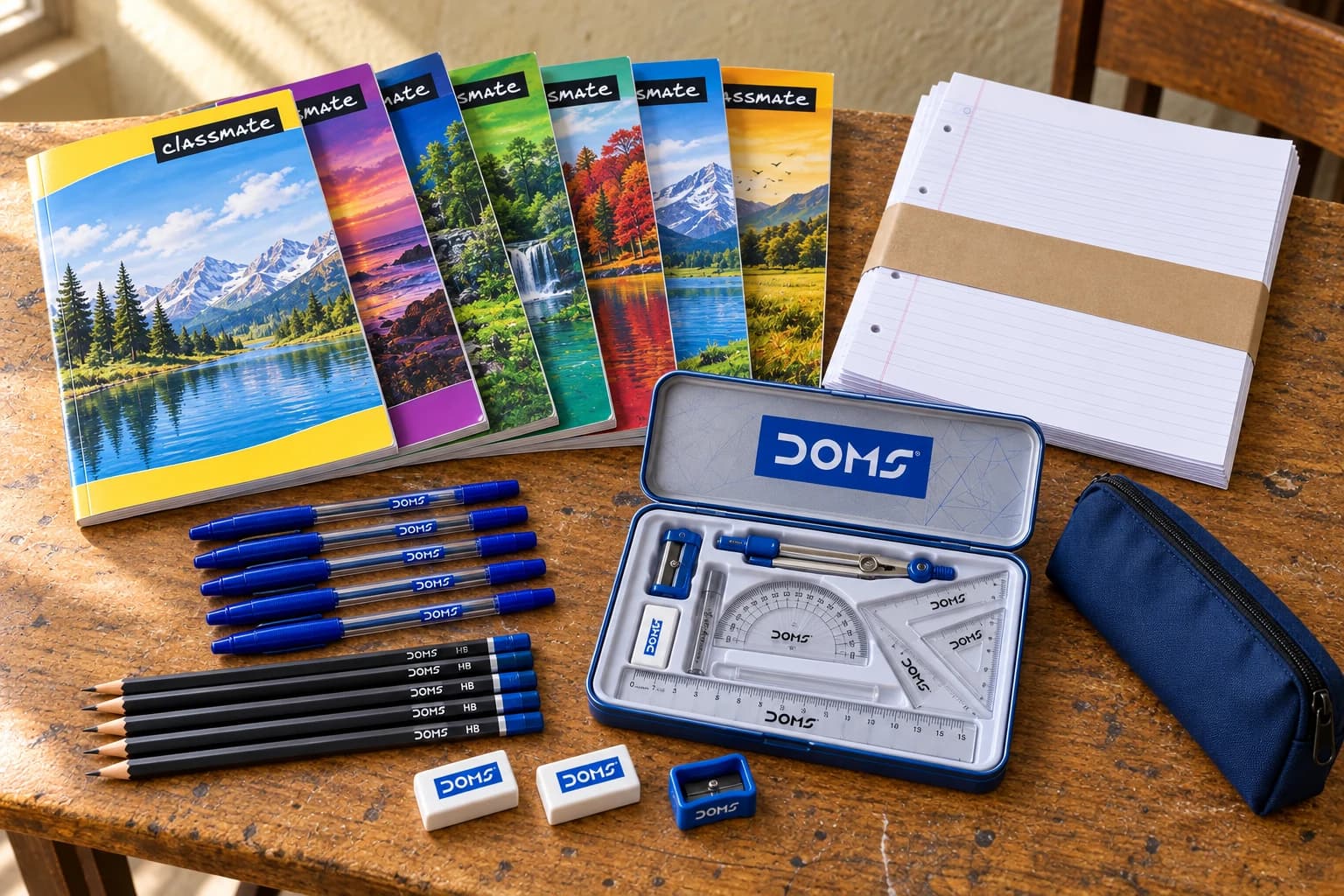 Representative Standards 5–10 kit with Classmate long notebooks, loose foolscap paper, a DOMS geometry box, pens, pencils, erasers, a sharpener and pouch