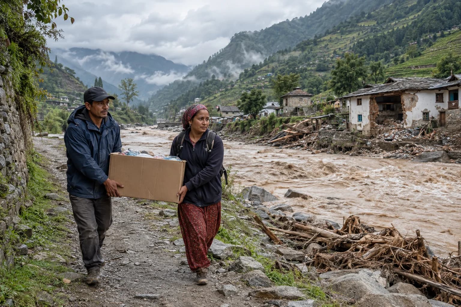 Illustration of volunteers carrying supplies beside a flood-affected Himalayan village in Nepal