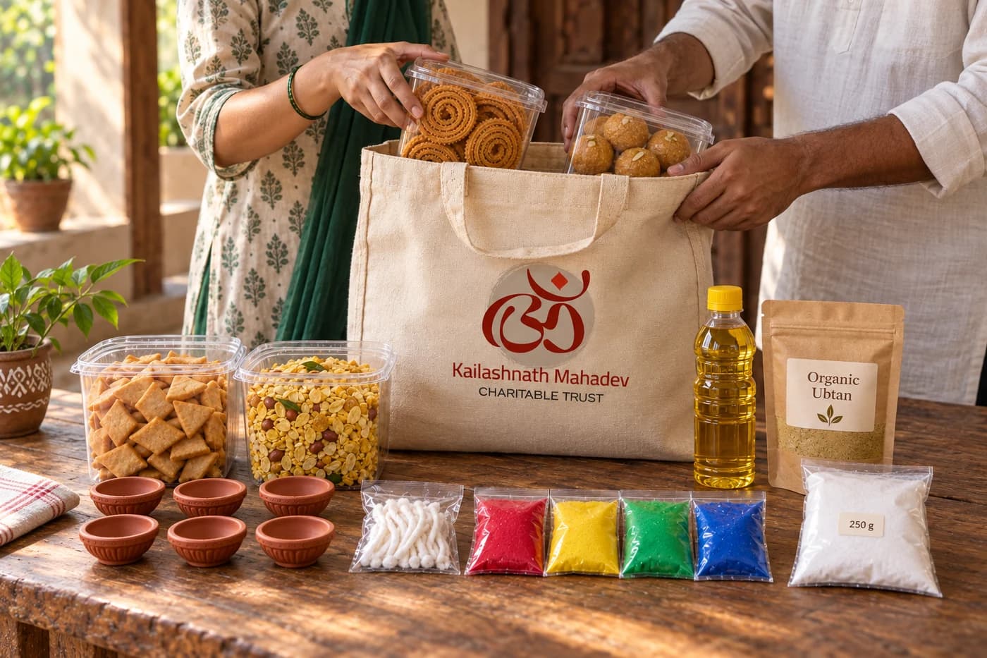 Representative scene of Diwali faral being packed in a Trust cloth bag beside diyas, oil, wicks, ubtan and rangoli